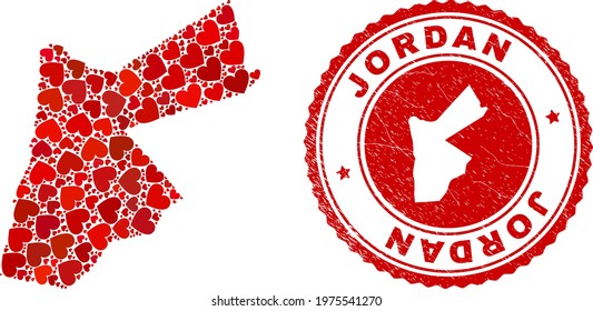 Mosaic Jordan map composed with red love hearts, and scratched seal stamp. Vector lovely round red rubber seal stamp imprint with Jordan map inside.