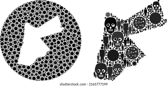 Mosaic Jordan map designed from flu virus items and population and dead head items. Pandemic virus Jordan map mosaic designed with circle and stencil. Mosaics created for hospital purposes.
