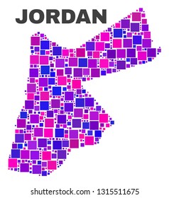 Mosaic Jordan map isolated on a white background. Vector geographic abstraction in pink and violet colors. Mosaic of Jordan map combined of random square elements.
