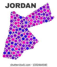 Mosaic Jordan map isolated on a white background. Vector geographic abstraction in pink and violet colors. Mosaic of Jordan map combined of scattered circle elements.