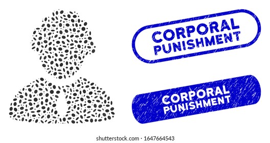 Mosaic judge profession and grunge stamp seals with Corporal Punishment caption. Mosaic vector judge profession is designed with scattered elliptic dots.