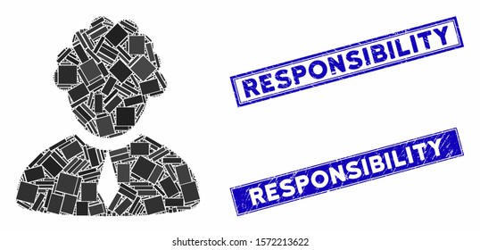 Mosaic judge profession icon and rectangular Responsibility stamps. Flat vector judge profession mosaic icon of scattered rotated rectangular elements. Blue Responsibility seals with dirty surface.