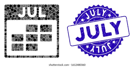 Mosaic July calendar grid icon and corroded stamp seal with July caption. Mosaic vector is formed with July calendar grid icon and with random round items. July stamp uses blue color,