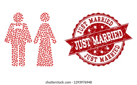 Mosaic just married persons formed with red love hearts, and isolated rubber watermark. Composition for Valentines Day.