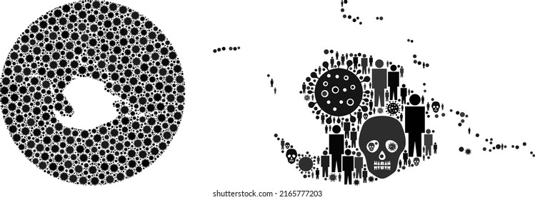 Mosaic Juventud Island map designed from covid virus elements and men and skeleton elements. Infection virus Juventud Island map mosaic composed with sphere and subtracted shape.