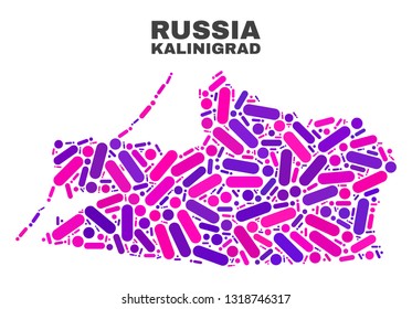 Mosaic Kalinigrad Region map isolated on a white background. Vector geographic abstraction in pink and violet colors. Mosaic of Kalinigrad Region map combined of scattered circle dots and lines.