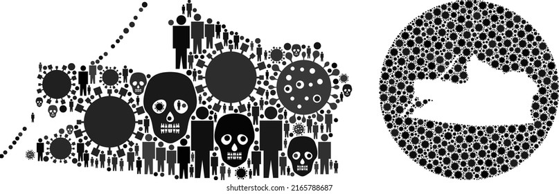 Mosaic Kaliningrad Region map designed from covid elements and humans and skull elements. Pandemic virus Kaliningrad Region map collage designed with sphere and subtracted space.