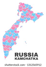 Mosaic Kamchatka map of love hearts in pink and blue colors isolated on a white background. Lovely heart collage in shape of Kamchatka map. Abstract design for Valentine illustrations.