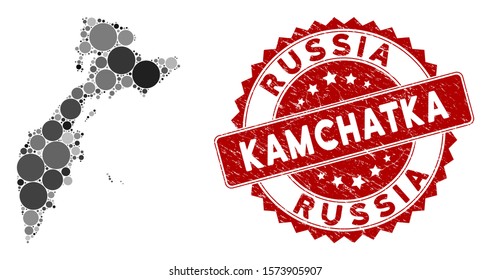 Mosaic Kamchatka map and round seal stamp. Flat vector Kamchatka map mosaic of randomized round elements. Red rubber stamp with scratched style. Designed for political and patriotic agitprop.