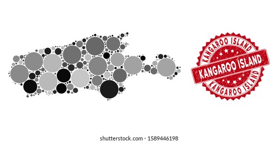 Mapa de la isla de Mosaic Kangaroo y sello de sello circular. Mosaico plano vectorial de la isla canguro mapa de elementos de círculo aleatorizados. Impresión de sello rojo con superficie de peligro.