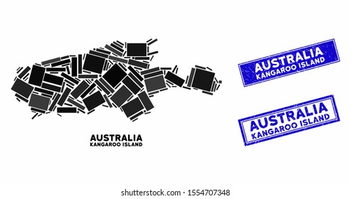 Mosaic Kangaroo Island map and rectangle stamps. Flat vector Kangaroo Island map mosaic of randomized rotated rectangle items. Blue caption seal stamps with distress surface.