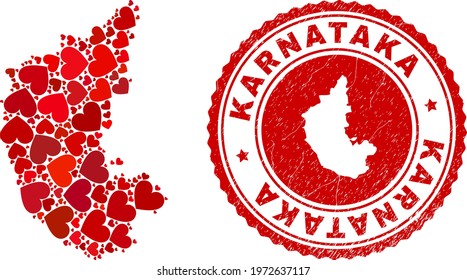 Mosaic Karnataka State map designed with red love hearts, and dirty stamp. Vector lovely round red rubber seal imitation with Karnataka State map inside.