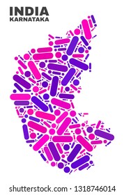 Mosaic Karnataka State map isolated on a white background. Vector geographic abstraction in pink and violet colors. Mosaic of Karnataka State map combined of scattered round points and lines.