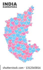Mosaic Karnataka State map of valentine hearts in pink and blue colors isolated on a white background. Lovely heart collage in shape of Karnataka State map.