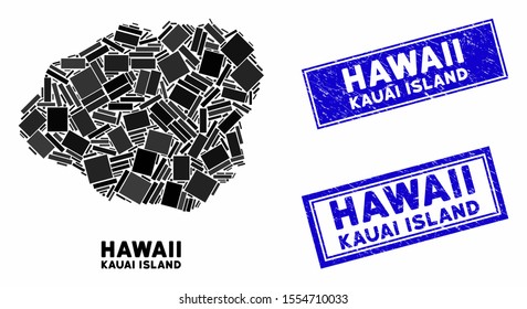 Mosaic Kauai Island map and rectangle stamps. Flat vector Kauai Island map mosaic of random rotated rectangle elements. Blue caption stamps with grunge surface.