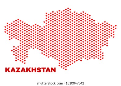 Mosaic Kazakhstan map of love hearts in red color isolated on a white background. Regular red heart pattern in shape of Kazakhstan map. Abstract design for Valentine decoration.