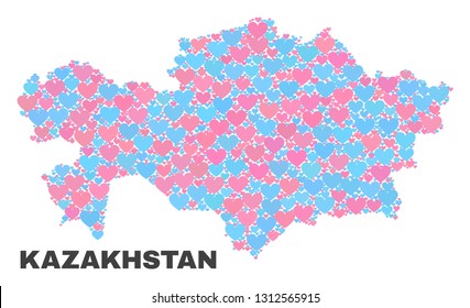 Mosaic Kazakhstan map of lovely hearts in pink and blue colors isolated on a white background. Lovely heart collage in shape of Kazakhstan map. Abstract design for Valentine illustrations.