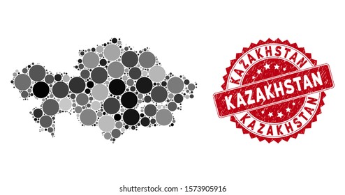 Mosaic Kazakhstan map and round rubber print. Flat vector Kazakhstan map mosaic of randomized round elements. Red rubber stamp with distress design. Designed for political and patriotic promotion.