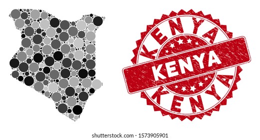 Mosaic Kenya map and circle seal stamp. Flat vector Kenya map mosaic of random round elements. Red rubber stamp with rubber style. Designed for political and patriotic purposes.