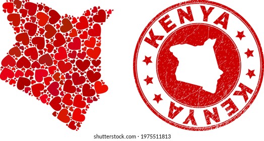 Mosaic Kenya map composed with red love hearts, and scratched stamp. Vector lovely round red rubber stamp imitation with Kenya map inside.