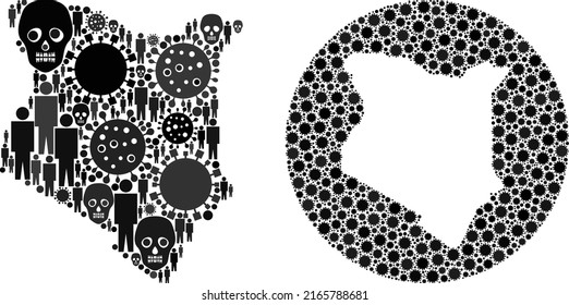 Mosaic Kenya map designed from coronavirus elements and men and dead head elements. Evil virus Kenya map mosaic created with circle and subtracted shape. Collages are created for treatment purposes.