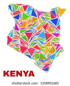 Mosaic Kenya map of triangles in bright colors isolated on a white background. Triangular collage in shape of Kenya map. Abstract design for patriotic decoration.
