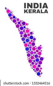 Mosaic Kerala State map isolated on a white background. Vector geographic abstraction in pink and violet colors. Mosaic of Kerala State map combined of random spheric elements.