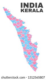 Mosaic Kerala State map of lovely hearts in pink and blue colors isolated on a white background. Lovely heart collage in shape of Kerala State map. Abstract design for Valentine illustrations.