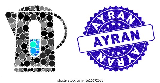Mosaic kettle icon and grunge stamp watermark with Ayran phrase. Mosaic vector is designed with kettle icon and with random spheric items. Ayran stamp seal uses blue color, and scratched design.