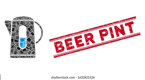 Mosaic kettle icon and red Beer Pint seal stamp between double parallel lines. Flat vector kettle mosaic pictogram of randomized rotated rectangle items. Red Beer Pint rubber seal with rubber texture.