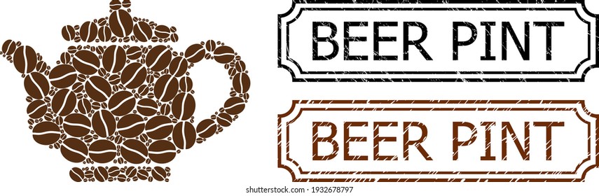 Mosaic kettle organized from cacao seeds, and grunge Beer Pint rectangle seals with notches. Vector coffee parts are united into abstract illustration kettle icon with brown color.
