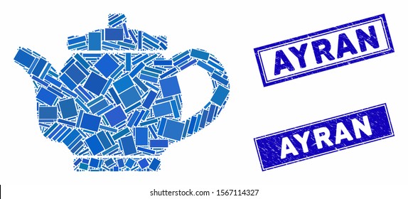 Mosaic kettle pictogram and rectangle seal stamps. Flat vector kettle mosaic icon of randomized rotated rectangle items. Blue caption seal stamps with scratched surface.