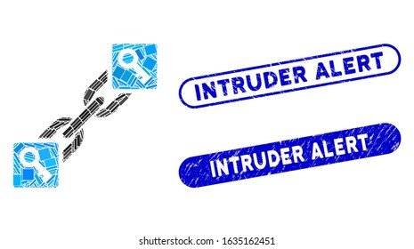 Mosaic key blockchain and distressed stamp seals with Intruder Alert text. Mosaic vector key blockchain is formed with randomized rectangle items. Intruder Alert stamp seals use blue color,