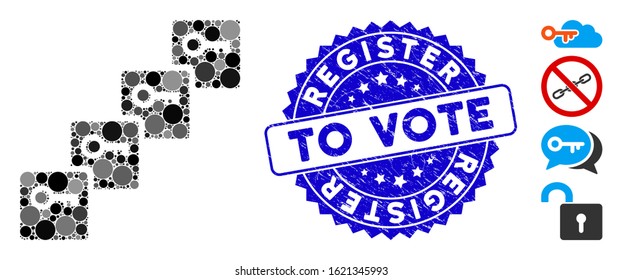 Mosaic key blockchain icon and distressed stamp seal with Register to Vote text. Mosaic vector is designed with key blockchain icon and with scattered round spots.