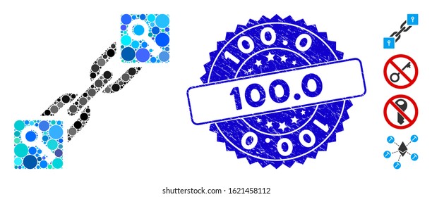 Mosaic key blockchain icon and rubber stamp seal with 100.0 caption. Mosaic vector is composed with key blockchain icon and with random round elements. 100.0 stamp seal uses blue color,