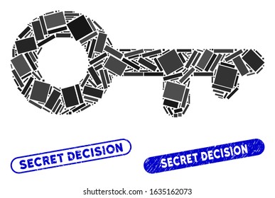 Mosaic key and corroded stamp seals with Secret Decision caption. Mosaic vector key is formed with randomized rectangles. Secret Decision stamp seals use blue color, and have round rectangle shape.