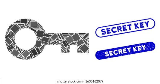 Mosaic key and corroded stamp seals with Secret Key text. Mosaic vector key is created with random rectangle items. Secret Key stamp seals use blue color, and have round rectangle shape.