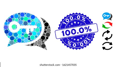 Mosaic key exchange icon and grunge stamp watermark with 100.0% text. Mosaic vector is composed with key exchange icon and with scattered spheric elements. 100.0% stamp uses blue color,