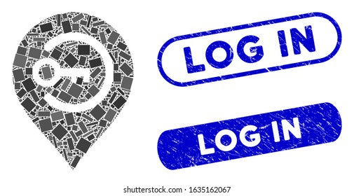 Mosaic key login marker and rubber stamp seals with Log In phrase. Mosaic vector key login marker is created with scattered rectangle items. Log In stamp seals use blue color,