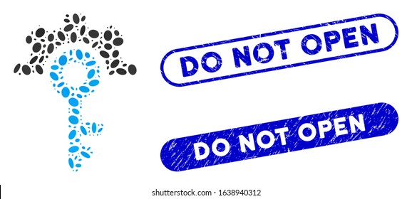 Mosaic key options and grunge stamp seals with Do Not Open phrase. Mosaic vector key options is designed with random ellipse spots. Do Not Open stamp seals use blue color,