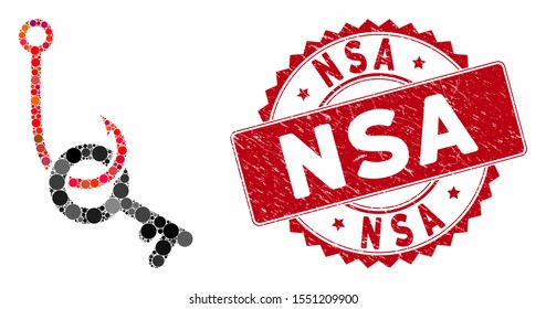 Mosaic key phishing hook and corroded stamp watermark with NSA text. Mosaic vector is designed with key phishing hook icon and with random circle spots. NSA stamp seal uses red color,
