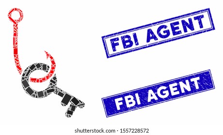 Mosaic key phishing hook icon and rectangle rubber prints. Flat vector key phishing hook mosaic icon of scattered rotated rectangle elements. Blue caption seal stamps with grunged textures.
