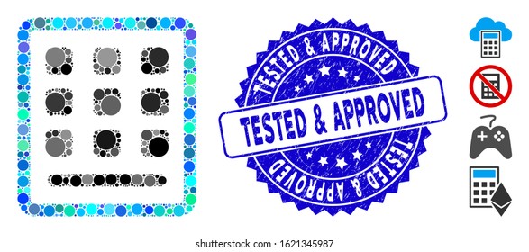 Mosaic keypad icon and distressed stamp seal with Tested & Approved text. Mosaic vector is formed with keypad pictogram and with randomized circle items. Tested & Approved stamp seal uses blue color,