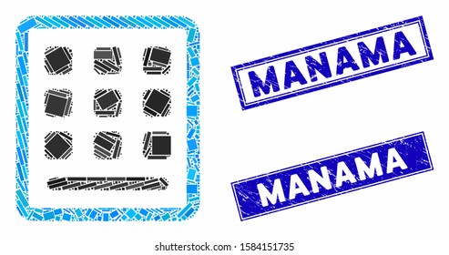 Mosaic keypad icon and rectangle Manama rubber prints. Flat vector keypad mosaic icon of random rotated rectangle items. Blue Manama rubber seals with grunged surface.