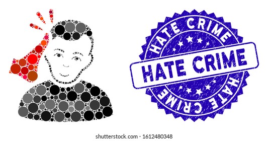 Mosaic kickboxer icon and grunge stamp seal with Hate Crime caption. Mosaic vector is composed from kickboxer icon and with random spheric spots. Hate Crime stamp seal uses blue color,