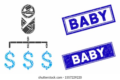 Mosaic kid expenses icon and rectangular seals. Flat vector kid expenses mosaic icon of randomized rotated rectangular items. Blue caption seal stamps with distress textures.