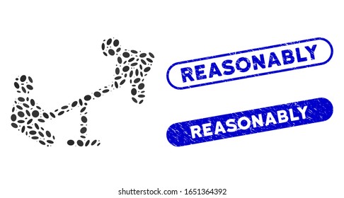 Mosaic kid swing and rubber stamp seals with Reasonably text. Mosaic vector kid swing is composed with random elliptic elements. Reasonably stamp seals use blue color,