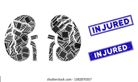 Mosaic kidneys cancer pictogram and rectangular Injured seal stamps. Flat vector kidneys cancer mosaic pictogram of random rotated rectangular items. Blue Injured seal stamps with grunge texture.