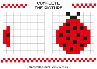 Mosaic for kids.Complete the drawing,complete the grid image.Coloring the cellular areas.Kids games. ladybug.Educational cards for kids.Pixel art.Drawing practice sheets with squares