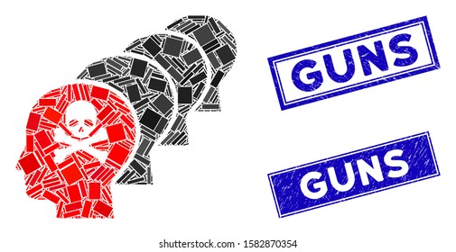 Mosaic kill all humans icon and rectangle Guns rubber prints. Flat vector kill all humans mosaic icon of scattered rotated rectangle items. Blue Guns rubber seals with rubber textures.